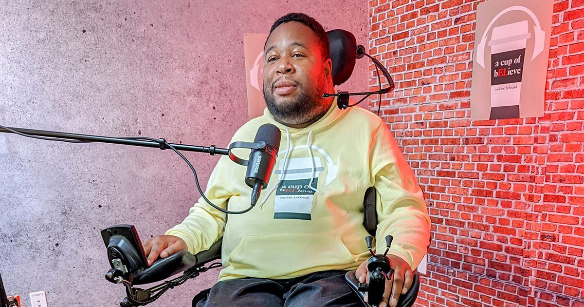 Eric LeGrand records A Cup of bELieve Podcast in studio.
